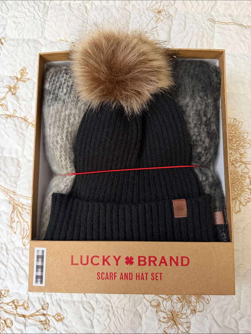 Lucky Brand Black Ribbed Beanie with Brown Faux-Fur Pom & Gray Scarf